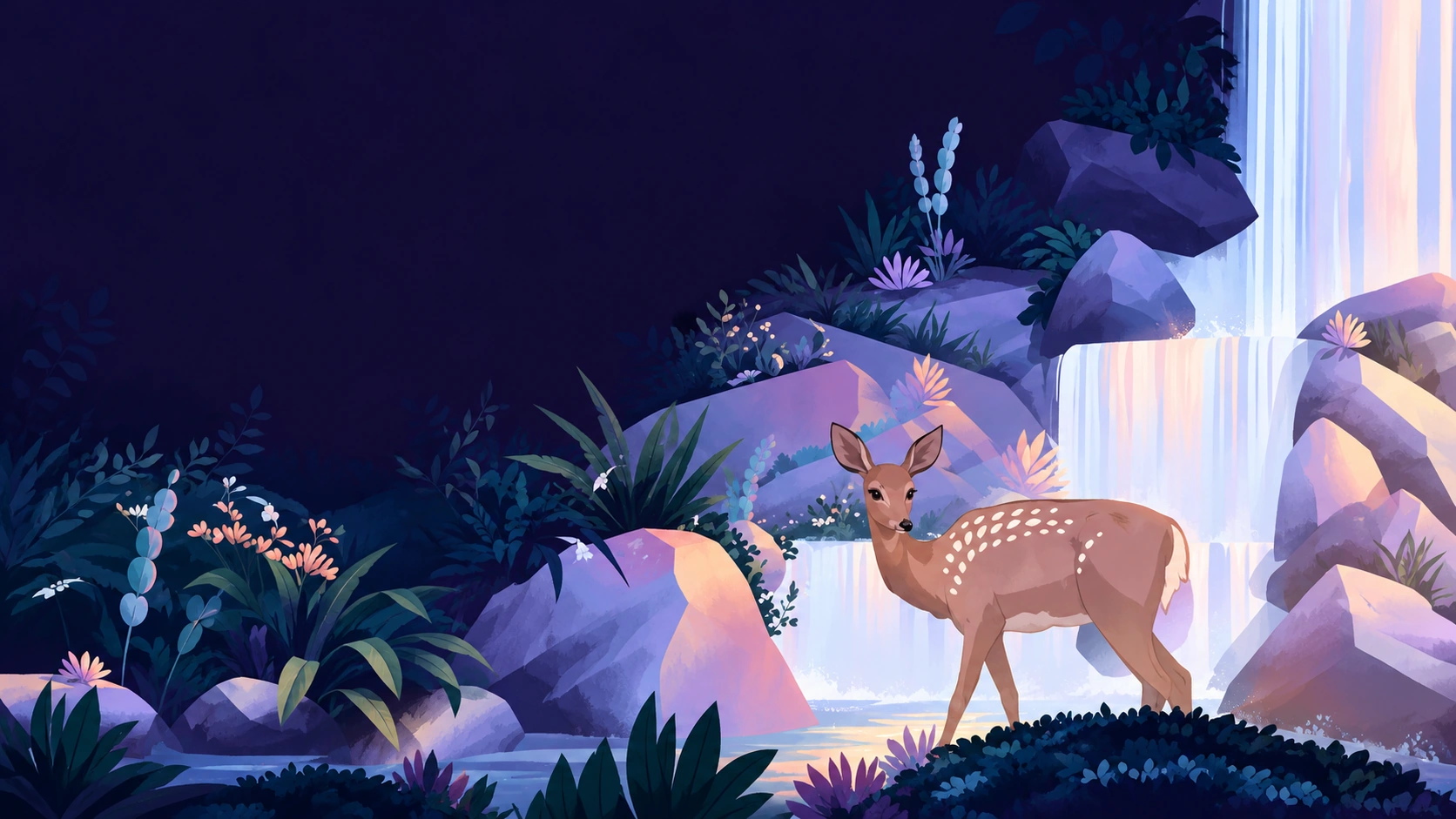 A spotted deer beside a forest waterfall, surrounded by lavender rocks, flowers and ferns.
