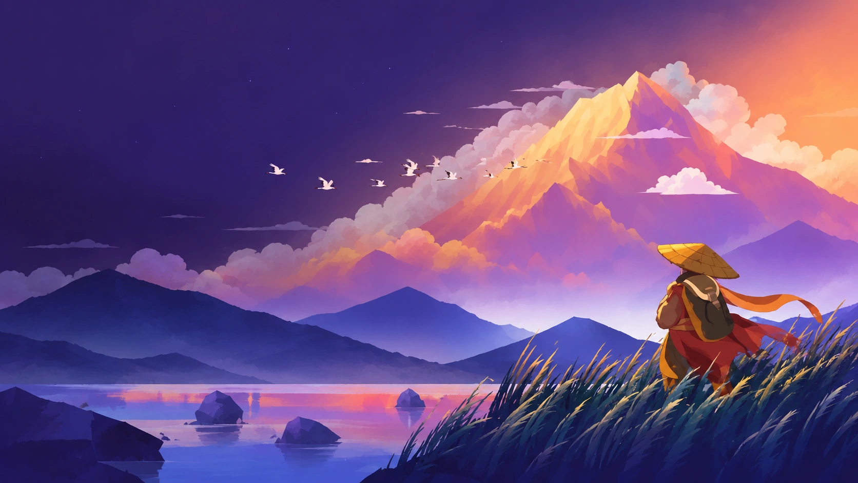 Golden mountains above a violet lake, with a red-cloaked traveler looking out from a grassy hill.
