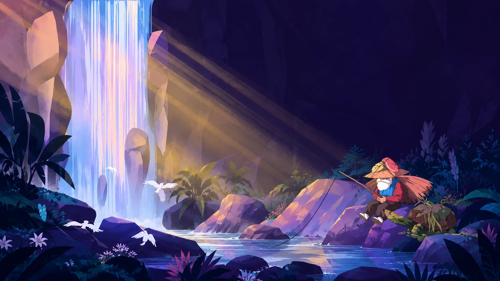 An illustrated traveler rests by luminous falls in a secluded purple forest.